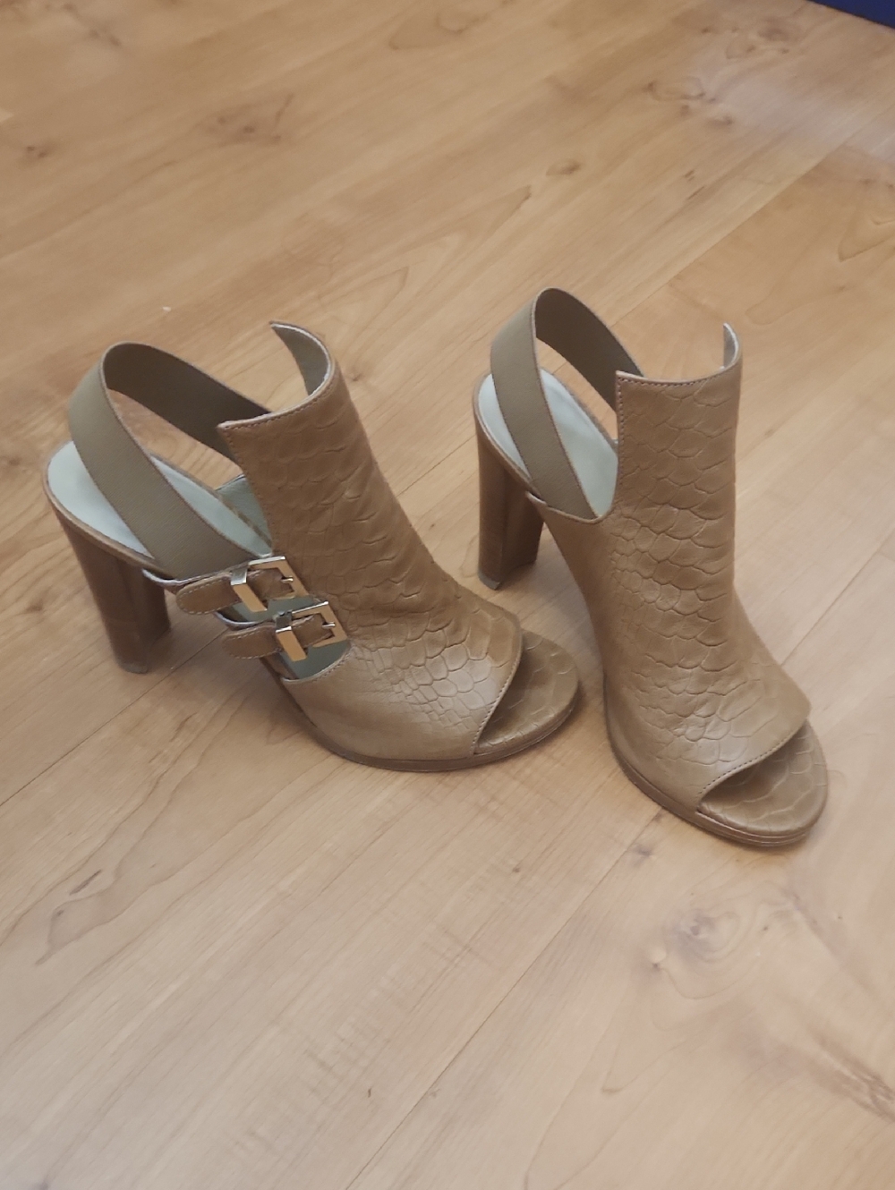 Stuart Weitzman Tan Peep-Toe Slingback Heels with Double Buckles